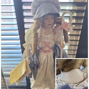 Classic Porcelain Franklin Heirloom Doll with Blue Dress, 1987